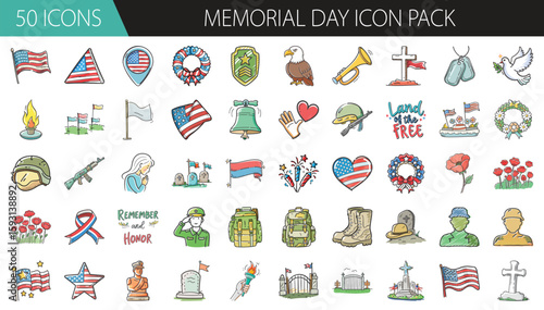 50 Memorial Day Icons Honoring Military and Patriotism - Set of 50 vector icons themed around Memorial Day, featuring American flags, soldiers, graves, poppies, eagles, and patriotic symbols.