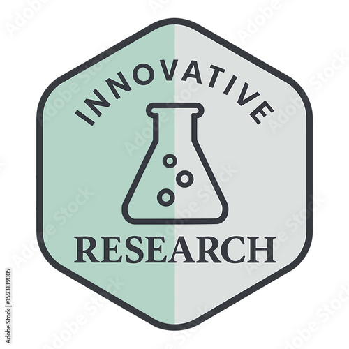 Innovative research badge with a flask symbol, perfect for scientific applications. Modern flat vector sticker label with icon and badge style, transparent background