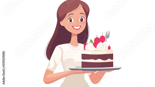 Happy Woman Portrait Holding Dessert Cake