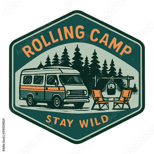 The rolling camp sticker shows a vintage camper van and camping scene. Vintage vector emblem badge patch, retro design, transparent background