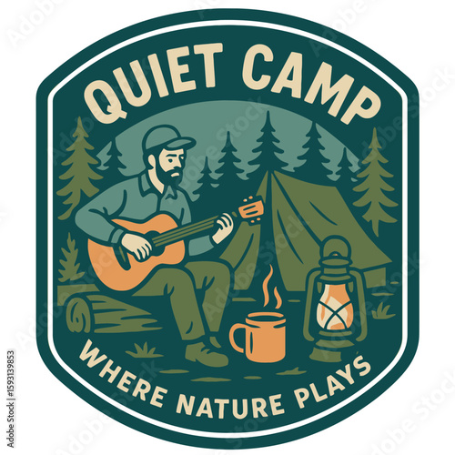 A tranquil camping scene featuring a man playing guitar by a campfire in the woods. Vintage vector emblem badge patch, retro design, transparent background