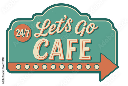 A vibrant vintage cafe sign, inviting customers with open 24/7 service. Vintage vector emblem badge patch, retro design, transparent background
