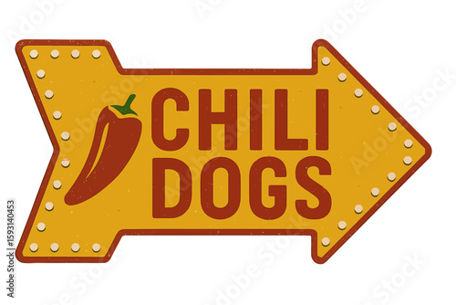 Vintage chili dogs sign pointing the way to deliciousness. Modern flat vector sticker label with icon and badge style, transparent background