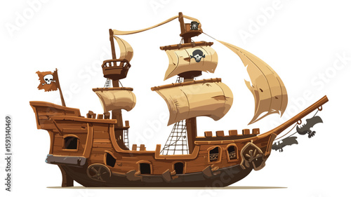 Cartoon Wooden Pirate Ship Illustration