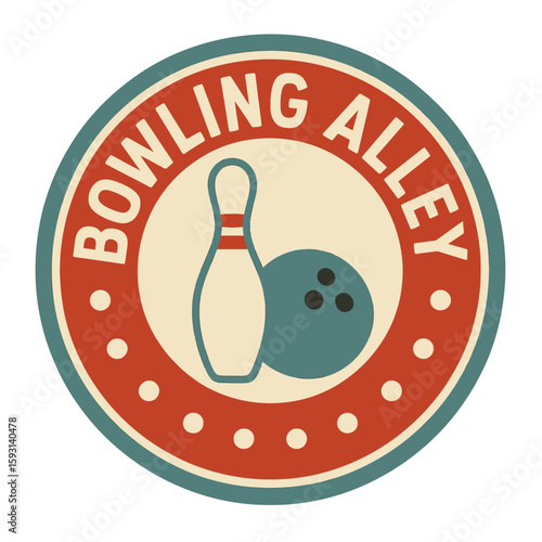 A vintage bowling alley logo with a bowling pin and ball in a circular design. Vintage vector emblem badge patch, retro design, transparent background