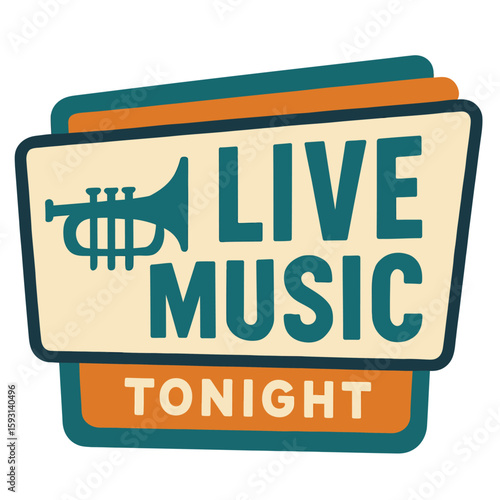 A colorful retro logo promotes live music tonight with a trumpet illustration. Vintage vector emblem badge patch, retro design, transparent background