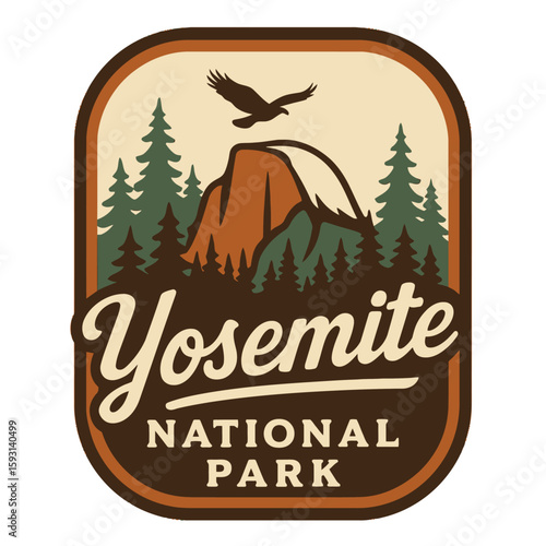 Vintage Yosemite National Park emblem with eagle, mountains, and trees. Vintage vector emblem badge patch, retro design, transparent background
