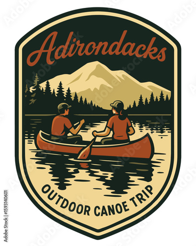 A vintage illustration of a canoe trip in the beautiful Adirondack mountains. Vintage vector emblem badge patch, retro design, transparent background