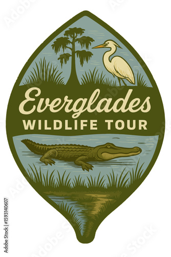 The Everglades wildlife tour design showcases an alligator and heron in a natural setting. Vintage vector emblem badge patch, retro design, transparent background