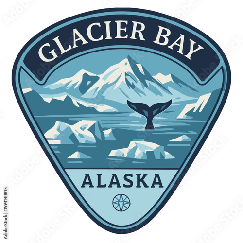 A stunning illustration of Glacier Bay, Alaska, featuring a whale tail and icy landscape. Vintage vector emblem badge patch, retro design, transparent background