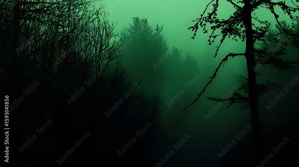 Naklejka premium Mysterious Green Foggy Forest Landscape