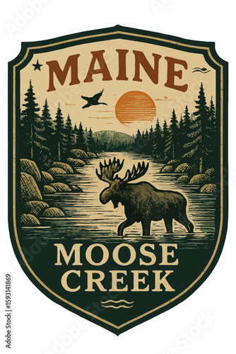 Vintage Maine Moose Creek graphic showing a moose walking in a river with a sunset scene. Vintage vector emblem badge patch, retro design, transparent background