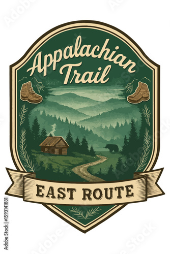 The Appalachian Trail's East Route is depicted with a cabin, bear, and mountain trail. Vintage vector emblem badge patch, retro design, transparent background