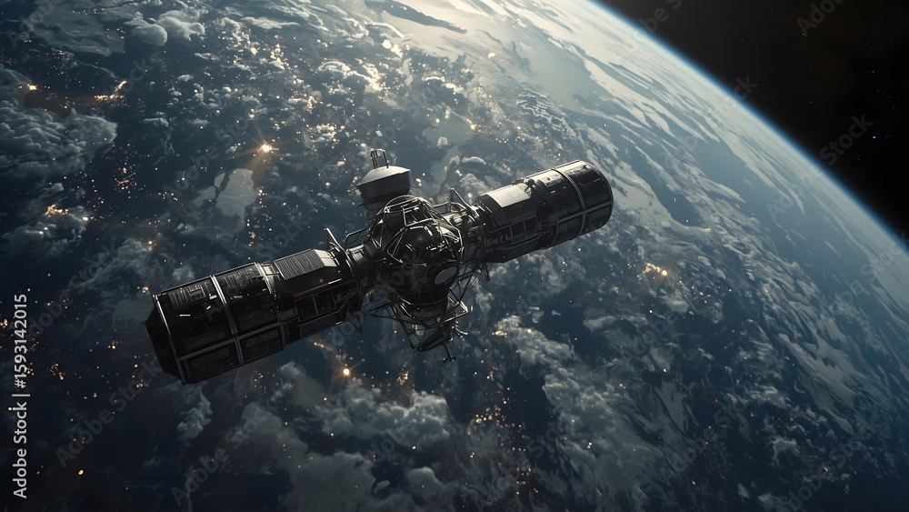 Fototapeta premium A Satellite Orbiting Earth Amid Twinkling Stars 
