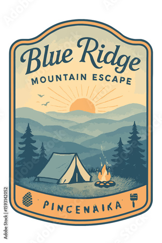 This vintage illustration shows a camping scene in the Blue Ridge Mountains. Vintage vector emblem badge patch, retro design, transparent background