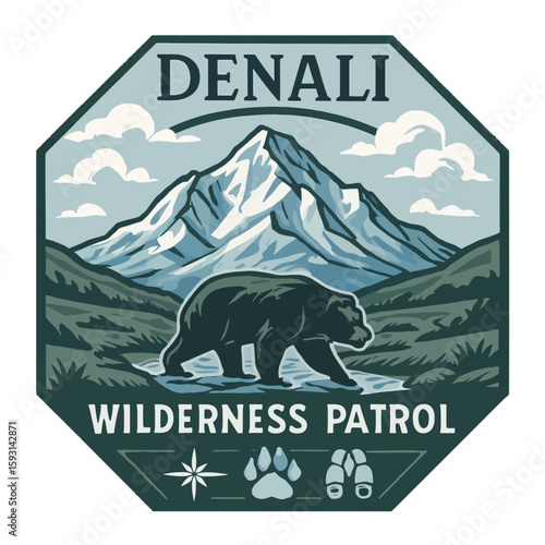 Denali wilderness patrol emblem with a bear and mountain landscape design. Vintage vector emblem badge patch, retro design, transparent background