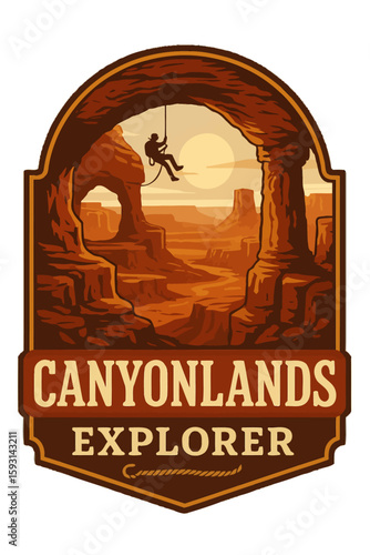 An illustration of a hiker rappelling in Canyonlands National Park at sunset, a scene of adventure. Vintage vector emblem badge patch, retro design, transparent background