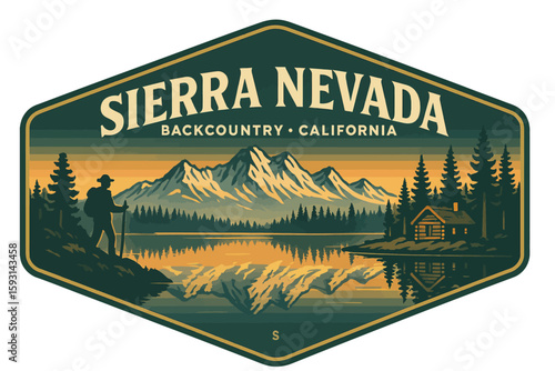 A vintage-style illustration of the Sierra Nevada mountains featuring a hiker, lake, and cabin. Vintage vector emblem badge patch, retro design, transparent background