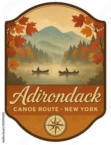 Beautiful illustration depicting canoes on a lake in the Adirondack region during autumn, with colorful leaves. Vintage vector emblem badge patch, retro design, transparent background