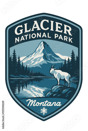 Vintage emblem of glacier national park in montana with a mountain goat and lake view. Vintage vector emblem badge patch, retro design, transparent background