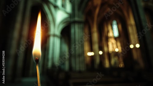 A warm and inviting atmosphere in a church interior with pews lit by a single candle