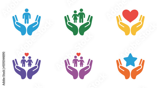 Unified Support: A collection of vibrant icons showcasing hands cupping people, a heart, and a star, symbolizing care, unity, and support within a community.