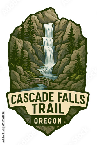 The Cascade Falls Trail sign shows a beautiful waterfall scene in the Oregon wilderness. Vintage vector emblem badge patch, retro design, transparent background