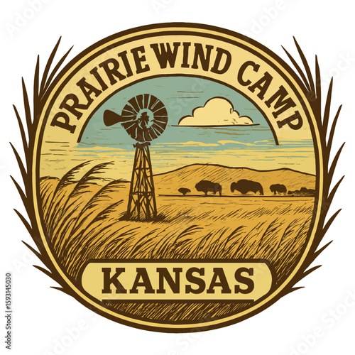 The Prairie Wind Camp logo showcases Kansas's landscape with bison and a windmill. Vintage vector emblem badge patch, retro design, transparent background