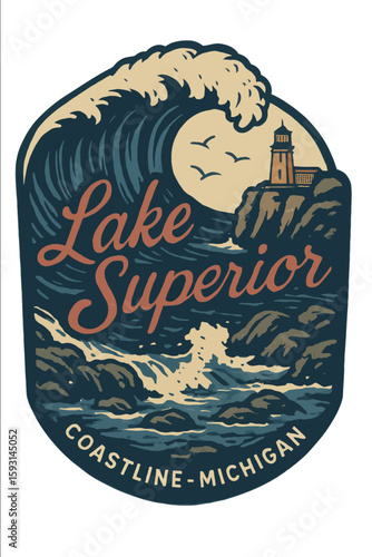 A vintage illustration captures the rugged beauty of Lake Superior with a lighthouse and crashing waves. Vintage vector emblem badge patch, retro design, transparent background