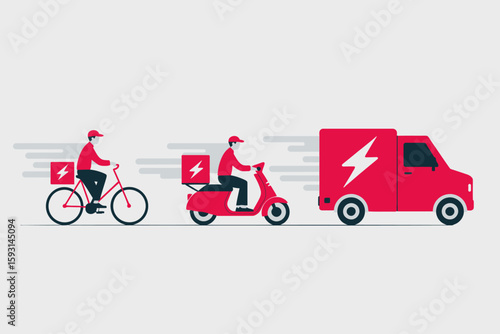 Electric Delivery Fleet: A dynamic electric delivery fleet showcases the future of efficient and eco-friendly logistics. From bicycle to scooter to van.
