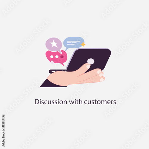 Vector illustration of a hand holding a tablet with chat bubbles, representing communication or discussion with customers. Colorful speech bubbles include icons for messages, feedback, and customer.