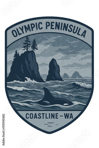 A striking illustration captures the Olympic Peninsula coastline with an orca and dramatic weather. Vintage vector emblem badge patch, retro design, transparent background