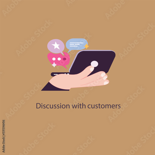 Vector illustration of a hand holding a tablet with chat bubbles, representing communication or discussion with customers. Colorful speech bubbles include icons for messages, feedback, and customer.