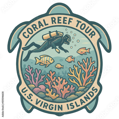 Explore the underwater world with a coral reef tour in the U.S. Virgin Islands. Vintage vector emblem badge patch, retro design, transparent background