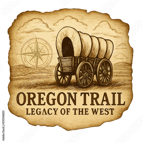 The Oregon Trail: A vintage illustration of the iconic covered wagon and compass. Vintage vector emblem badge patch, retro design, transparent background