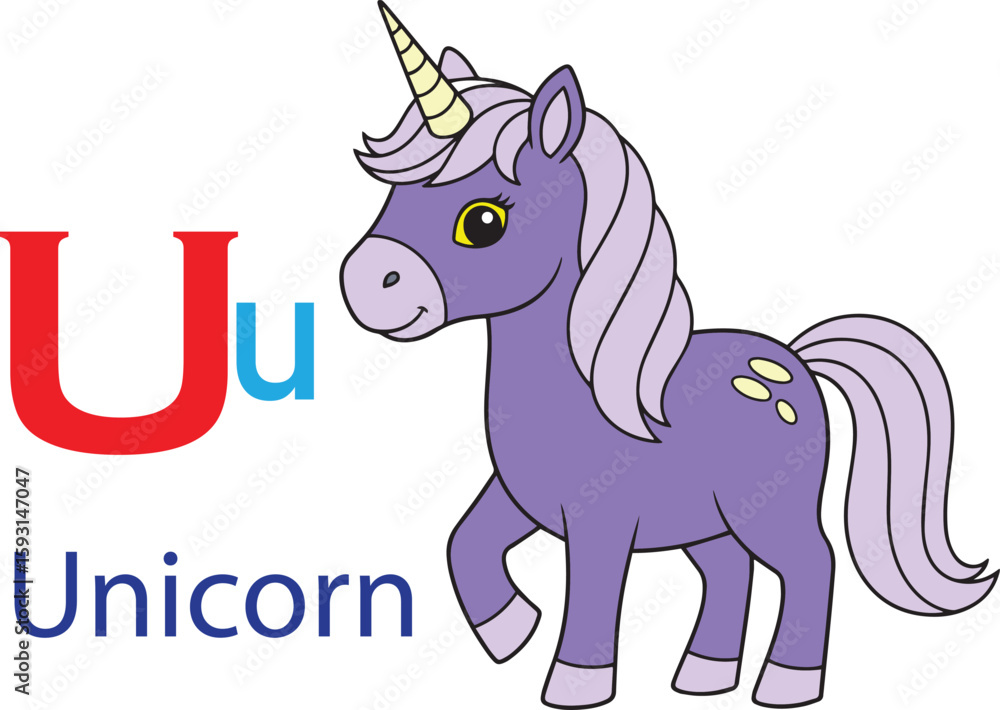 Fototapeta premium U for unicorn alphabet learning for kids. unicorn cartoon vector svg