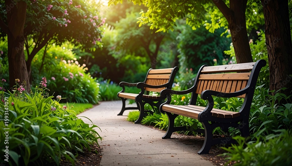 Park benches in a sunlit garden Park benches in a sunlit garden