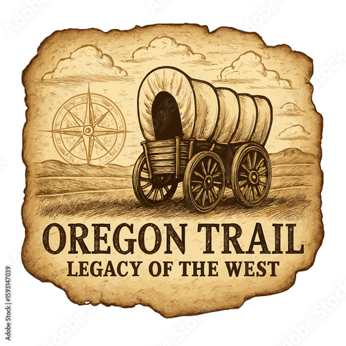 The Oregon Trail illustration captures the spirit of adventure in the American West. Vintage vector emblem badge patch, retro design, transparent background