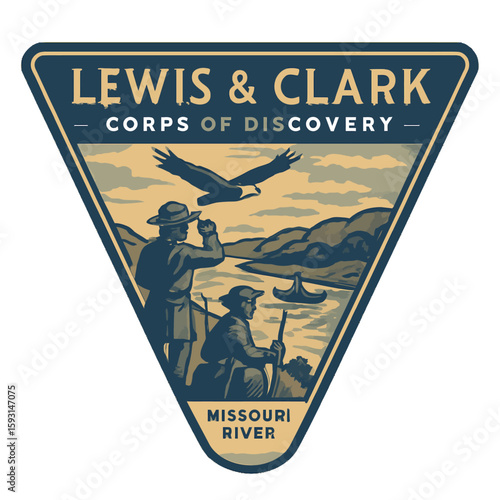 This vintage illustration depicts the Lewis & Clark expedition along the Missouri River with an eagle soaring overhead. Vintage vector emblem badge patch, retro design, transparent background