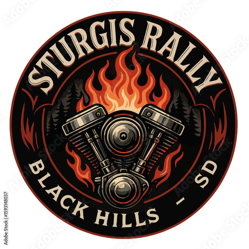 The Sturgis Rally logo showcases a motorcycle engine engulfed in flames, a bold design. Vintage vector biker emblem badge patch, retro design, transparent background