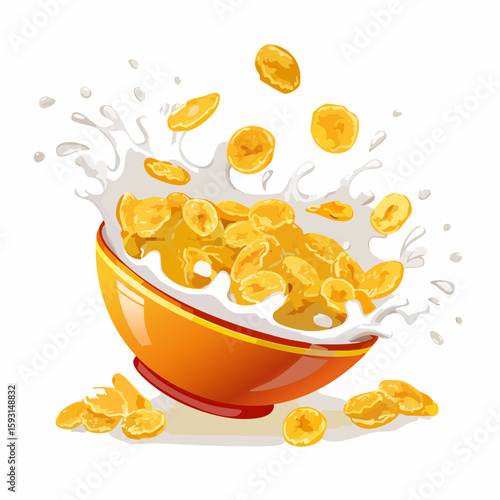 Spilled cereal bowl – Bowl tipped with cereal and milk splattered.
