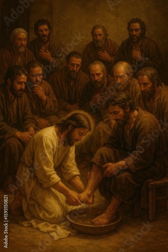 Biblical scene of Jesus washing disciple's feet showing humble service