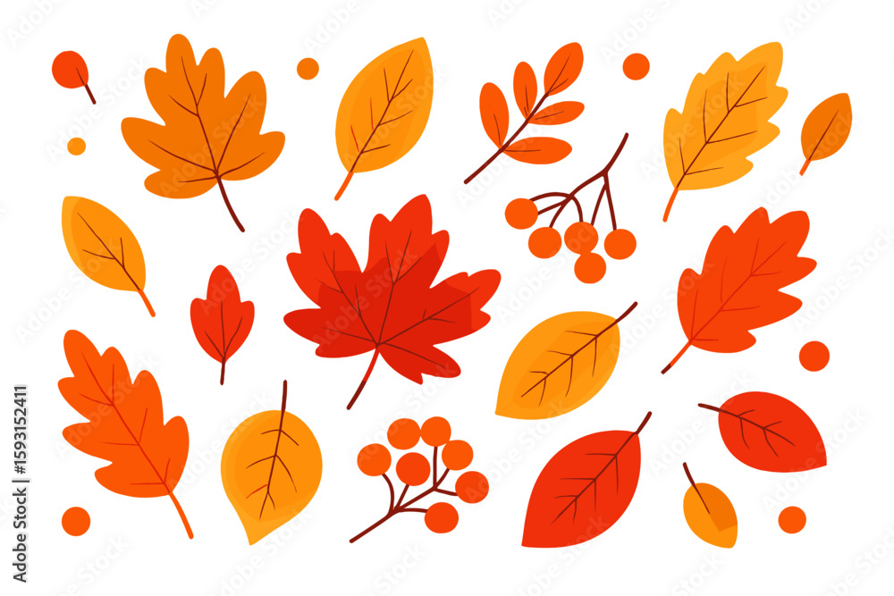 Obraz premium Vector illustration of a flat doodle style, hand drawn horizontal banner pattern featuring autumn bright leaves and berries in a retro color template