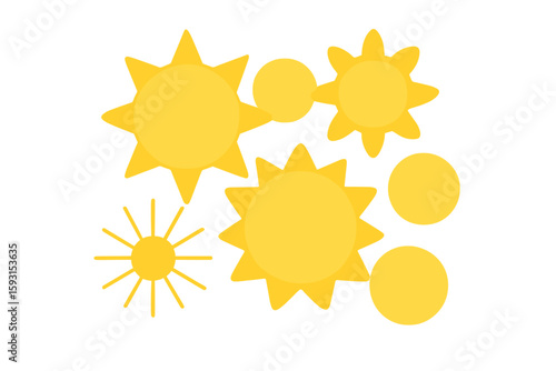 Collection of yellow sun star icons, including a sun icon set, representing summer, sunlight, nature, and sky, as a vector illustration isolated on a white background