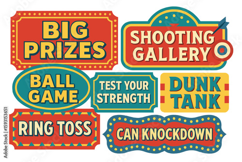 Vector circus signs logo collection, including carnival retro banner signs, vintage magic frames, arrows elements, and welcome greetings to the show