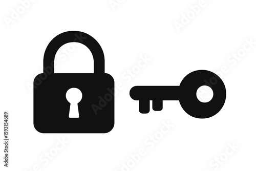 A set of black isolated icons featuring locked and unlocked locks on a white background, including silhouettes of locked and unlocked padlocks in a flat design style