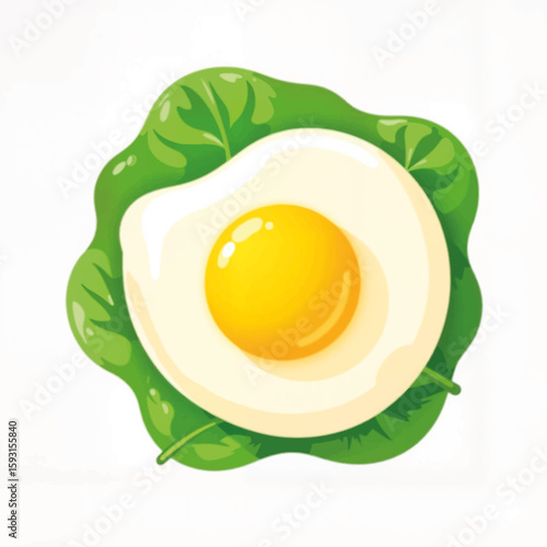 Fried egg on fresh green spinach leaves in vibrant colors  