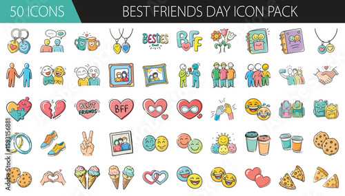 Best Friends Day icon set with 50 cute illustrations -Vector pack of 50 icons themed around Best Friends Day, including hearts, gifts, photos, food, emojis, and friendship symbols. 
