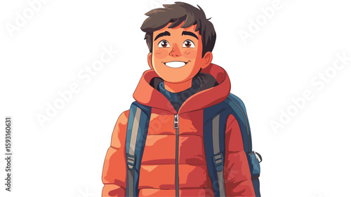 Happy schoolboy with centered backpack
