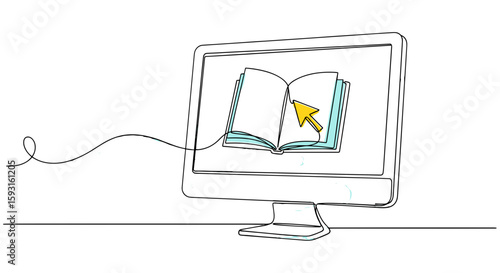 Online Learning: A minimalist line drawing shows an open book with a cursor, within a computer monitor, signifying digital learning